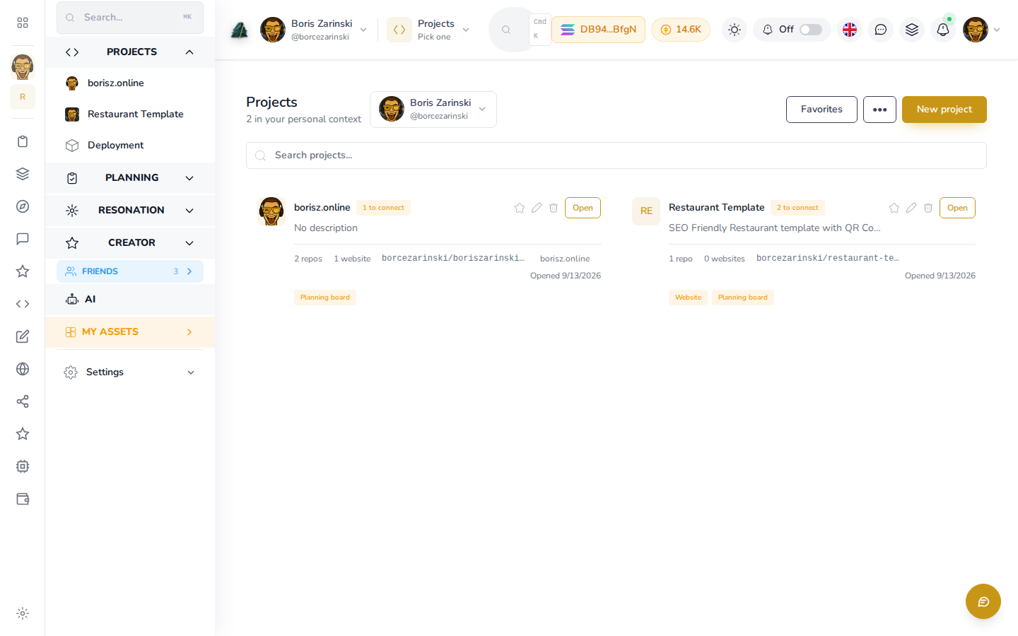 Projects list showing two example projects with their linked repos and websites