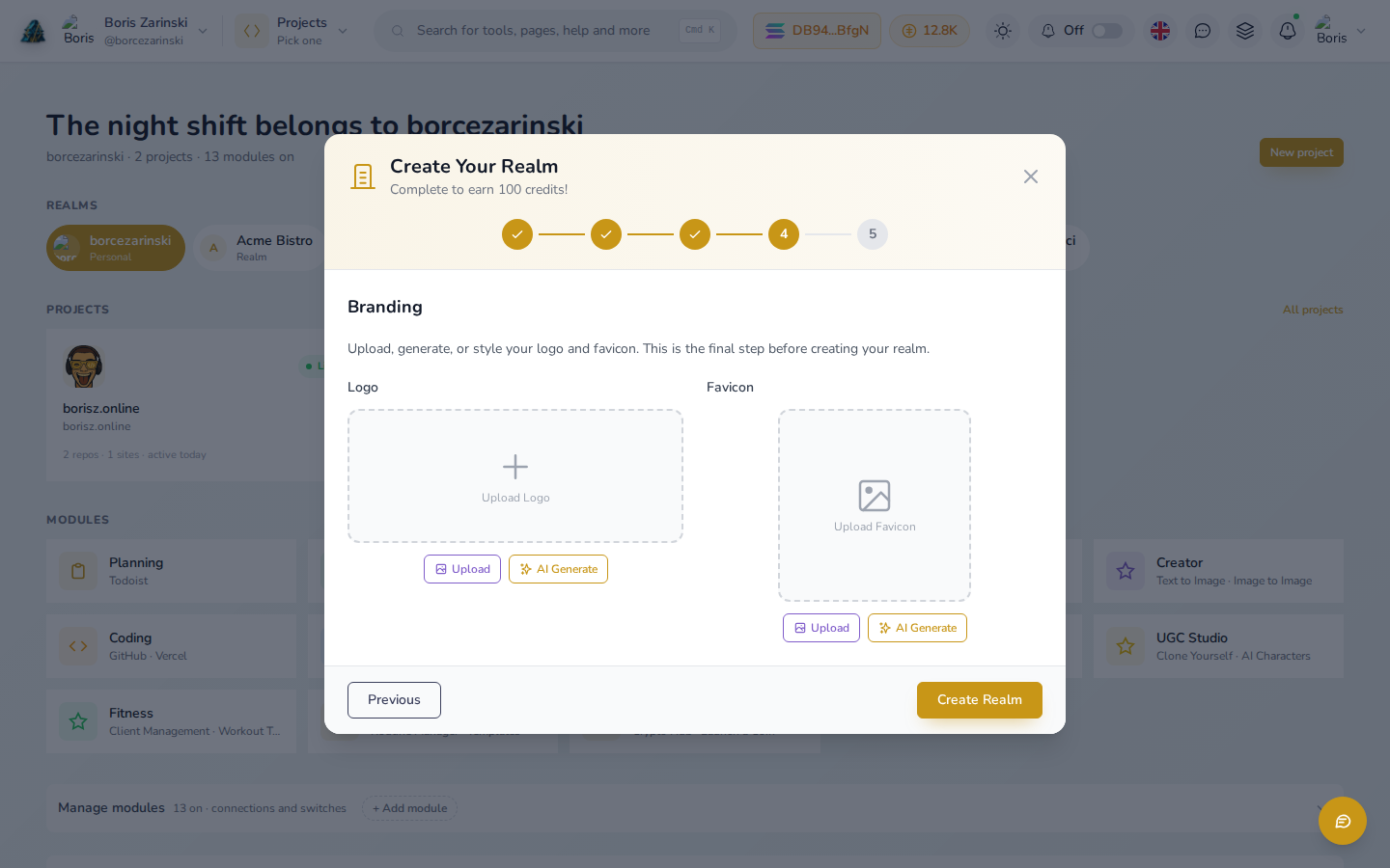 Step 4 of 5, Branding, the final step before Create Realm: name, contact, and social links from the earlier steps already filled in