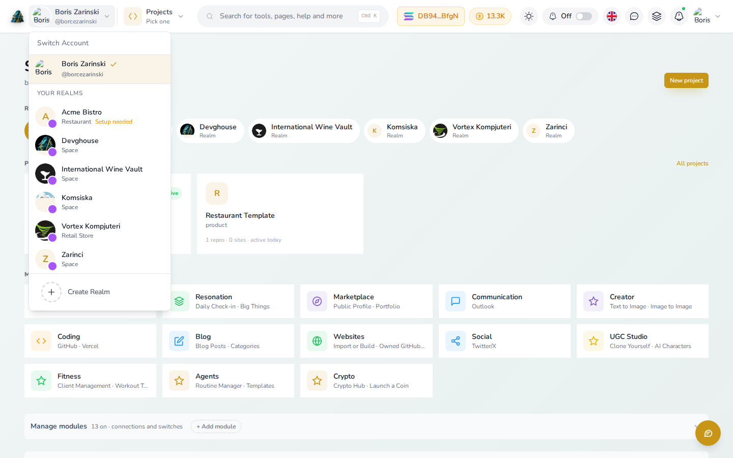 The Switch Account panel open, listing the personal account and every workspace under Your Realms