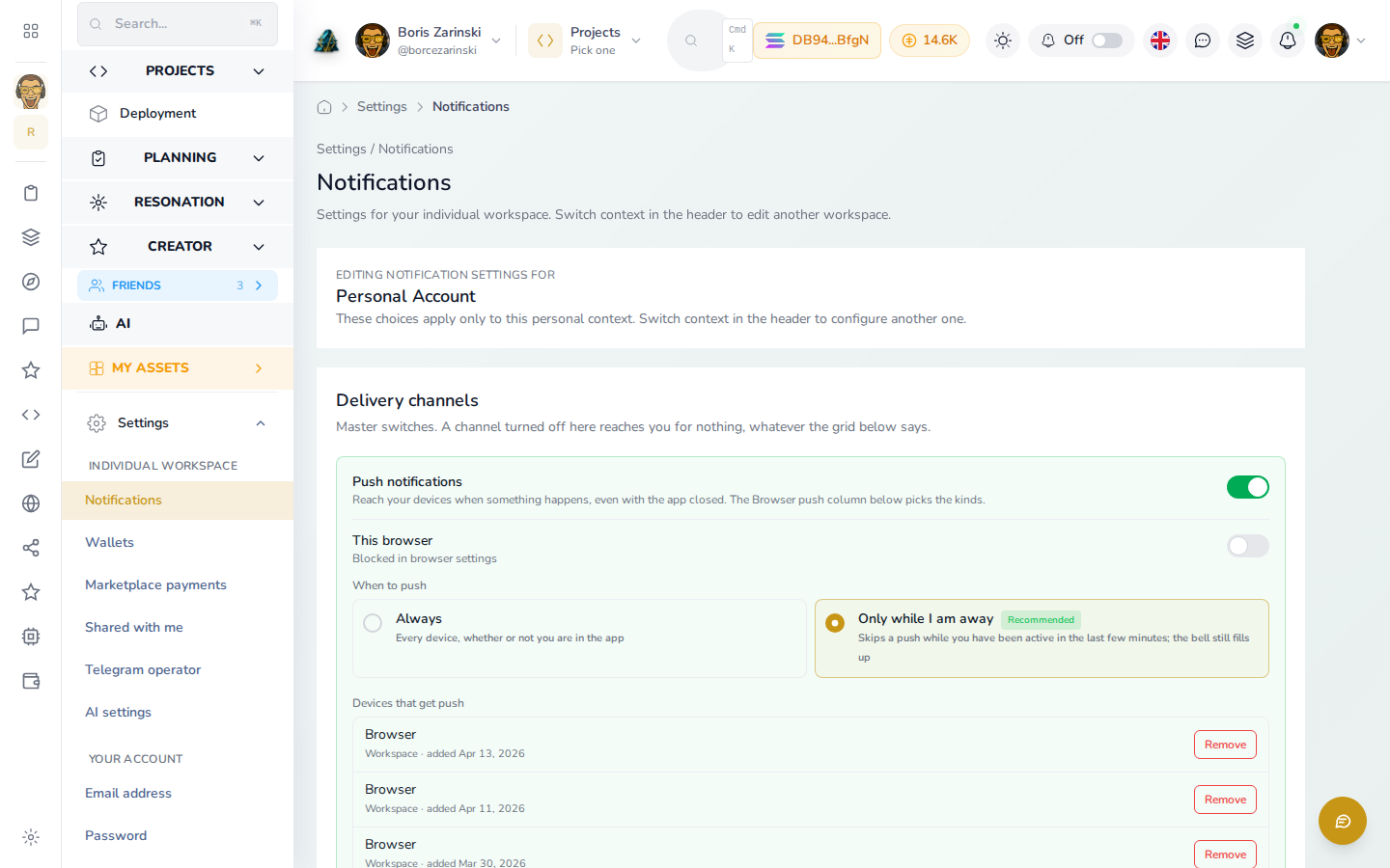 Notifications settings: push notification channel and connected devices