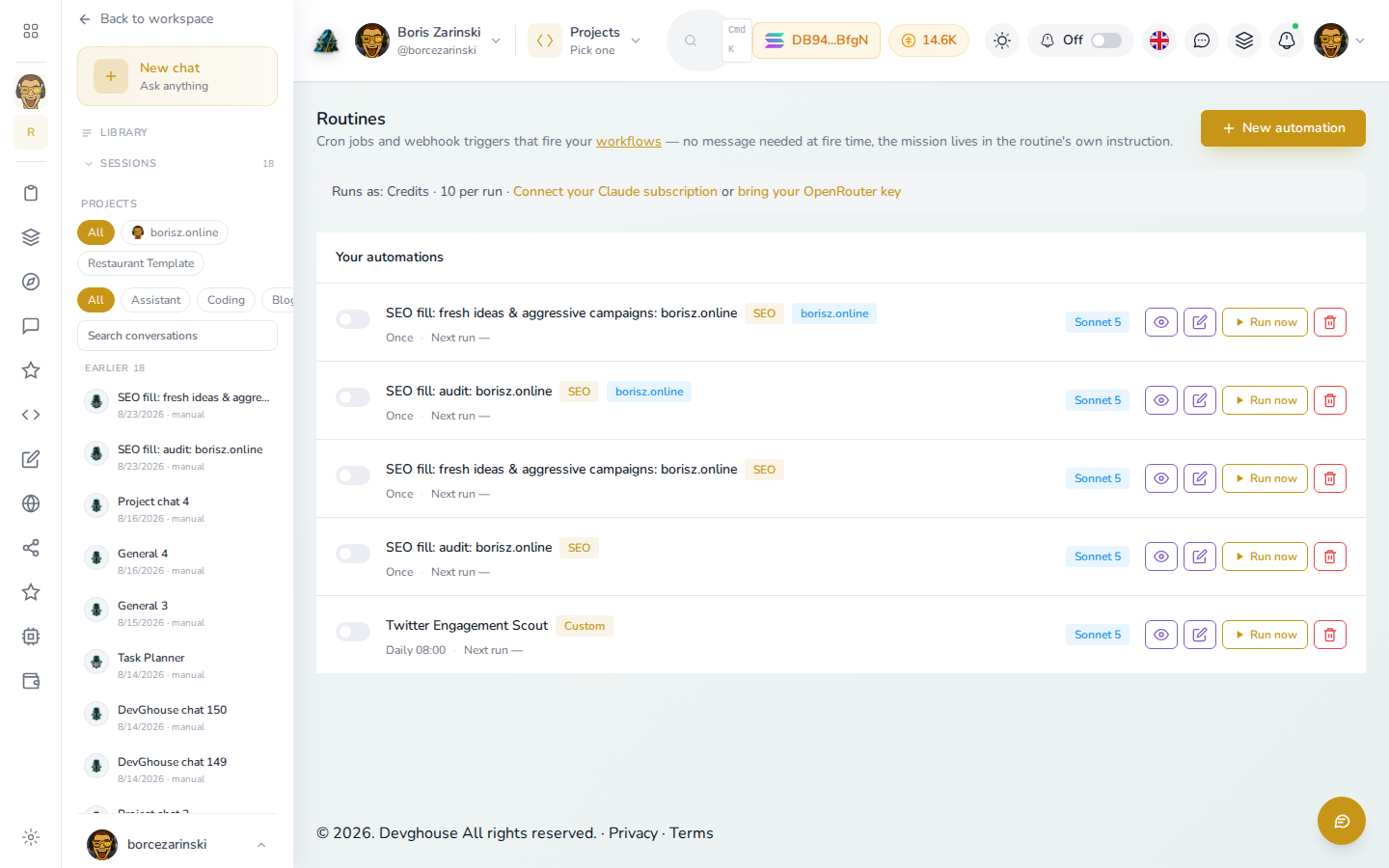 A saved automation, on its own schedule, with a Run now button